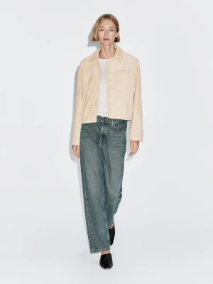 Krótka Kurtka Z Zamszowej Skóry - Beżowy - - Massimo Dutti - Kobieta