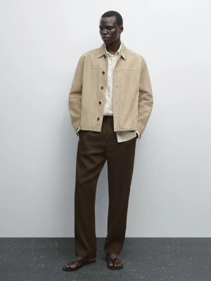 Krótka Kurtka Z Zamszowej Skóry - Jansy Khaki - - Massimo Dutti - Mężczyzna