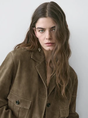 Krótka Kurtka Z Zamszowej Skóry - Khaki - - Massimo Dutti - Kobieta