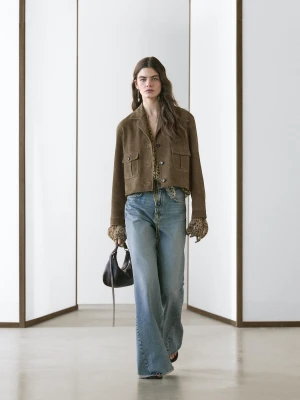 Krótka Kurtka Z Zamszowej Skóry - Khaki - - Massimo Dutti - Kobieta