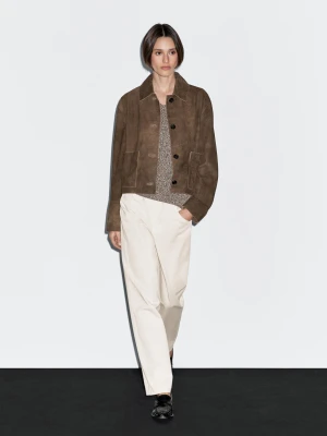 Krótka Kurtka Z Zamszowej Skóry Z Kieszeniami - Brązowy - - Massimo Dutti - Kobieta