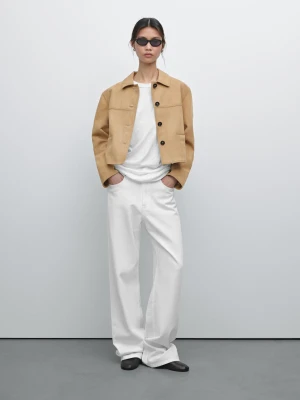Krótka Kurtka Z Zamszowej Skóry Ze Stebnowaniem - Piaskowy - - Massimo Dutti - Kobieta