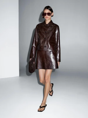 Krótka Kurtka Ze Skóry Nappa - Bordowy - - Massimo Dutti - Kobieta