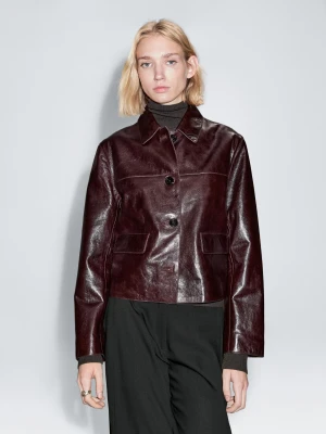 Krótka Kurtka Ze Skóry Nappa - Bordowy - - Massimo Dutti - Kobieta