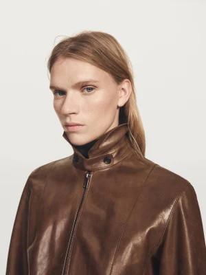 Krótka Kurtka Ze Skóry Nappa - Koniakowy - - Massimo Dutti - Female