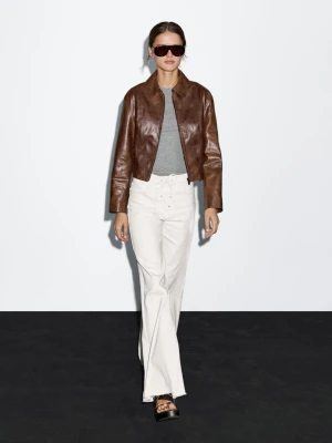 Krótka Kurtka Ze Skóry Nappa - Koniakowy - - Massimo Dutti - Kobieta