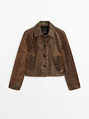 Krótka Kurtka Ze Skóry Nappa Z Efektem Zużycia - Brązowy - - Massimo Dutti - Kobieta