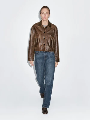 Krótka Kurtka Ze Skóry Nappa Z Efektem Zużycia - Brązowy - - Massimo Dutti - Kobieta