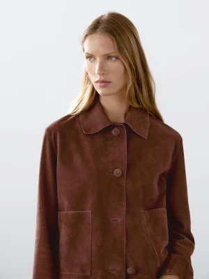Krótka Kurtka Ze Skóry Zamszowej Z Guzikami - Brązowy - - Massimo Dutti - Female