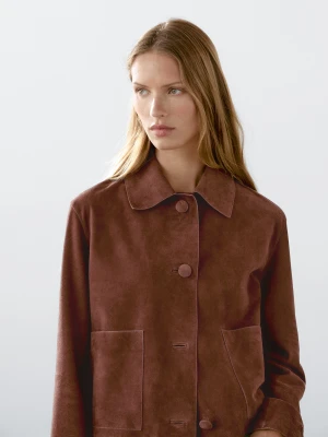 Krótka Kurtka Ze Skóry Zamszowej Z Guzikami - Brązowy - - Massimo Dutti - Kobieta