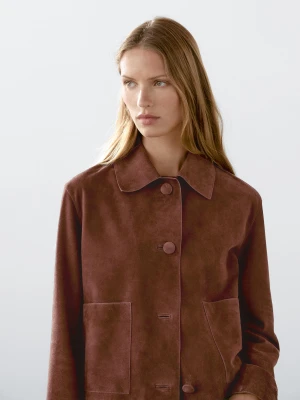 Krótka Kurtka Ze Skóry Zamszowej Z Guzikami - Brązowy - - Massimo Dutti - Kobieta