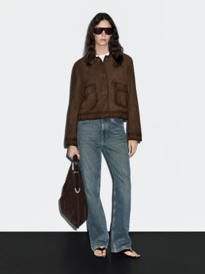 Krótka Kurtka Ze Skóry Zamszowej Z Guzikami - Brązowy - - Massimo Dutti - Kobieta