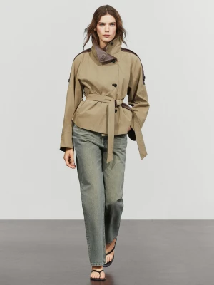 Krótka Kurtka Ze Skórzanymi Detalami - Szarawozielony - Massimo Dutti - Female