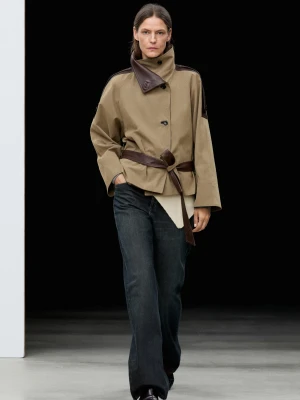 Krótka Kurtka Ze Skórzanymi Detalami - Szarawozielony - Massimo Dutti - Female