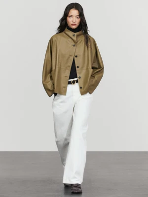 Krótka Kurtka Ze Stójką Ze Skóry Nappa - Khaki - Massimo Dutti - Female