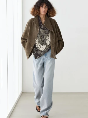 Krótka Parka Z Guzikami Z Zamszowej Skóry - Khaki - - Massimo Dutti - Female