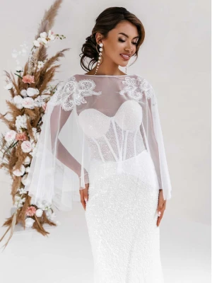 Krótka ślubna etola narzutka tiulowa ROSTI - biała  magmac 