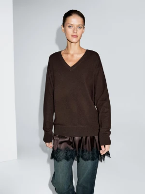 Długi Sweter Z Dzianiny Z Kontrastową Koronką - Czekoladowy - - Massimo Dutti - Kobieta