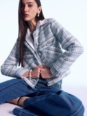 Krótka tweedowa kurtka w odcieniach błękitu TARANKO