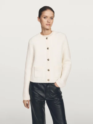 Short Knit Cardigan With Gold Button Detail - Surowy - - Massimo Dutti - Kobieta