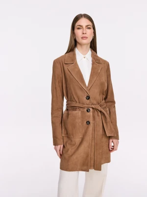 Krótki karmelowy płaszcz z zamszu TARANKO