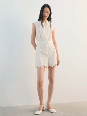 Krótki kombinezon z haftami i ażurowym wzorem kremowy / écru - Kobieta - - MANGO