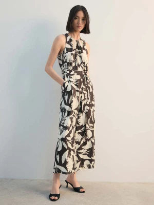 Krótki kombinezon z nadrukiem i paskiem czekoladowy - Kobieta - - MANGO