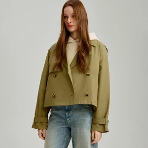 Krótki oliwkowy trencz dwurzędowy bez podszewki House