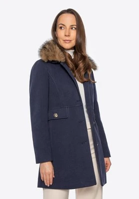 Krótki płaszcz damski z futerkowym kołnierzem granatowy Wittchen