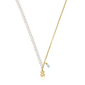 Krótki Pozłacany Srebrny Naszyjnik Bold Bear Z Motywem Misia, Z Perłami Hodowlanymi I Topazem - Tous