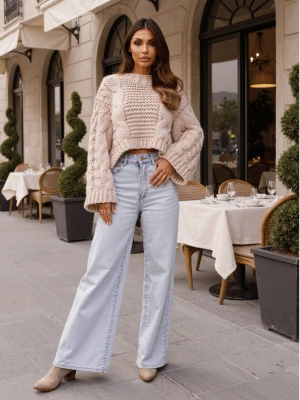 Krótki sweter oversize z wełną RIBBEL - beżowy  magmac 