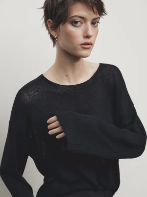 Krótki Sweter Z Dzianiny O Luźnym Kroju, Z Okrągłym Dekoltem - Granatowy - - Massimo Dutti - Kobieta
