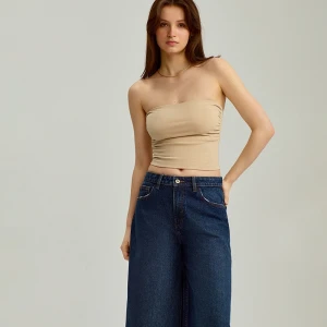 Krótki top bandeau z dzianiny beżowy House