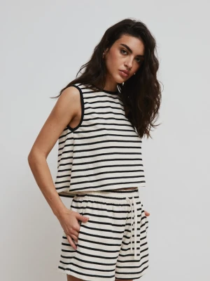 Tshirt z dzianiny bawełnianej w paski BLACK & BEIGE - CASPE -M Marsala