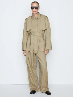 Krótki Trencz Z Lnem – Studio - Jansy Khaki - Massimo Dutti - Female
