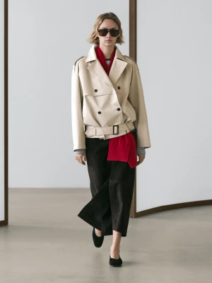 Krótki Trencz Z Paskiem - Beżowy - - Massimo Dutti - Kobieta
