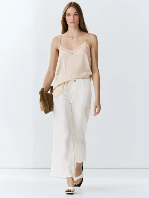 Krótkie Lniane Spodnie Dzwony - Biały Złamany - Massimo Dutti - Female