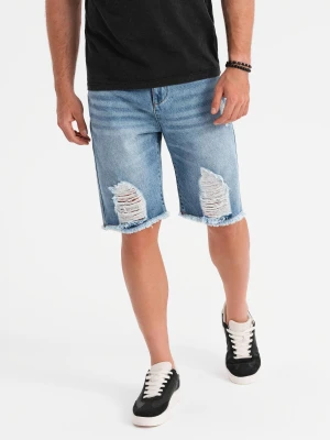 Zdjęcie produktu Krótkie męskie spodenki jeansowe z przetarciami i dziurami – jasnoniebieskie V2 - Rozmiar: S Ombre Clothing