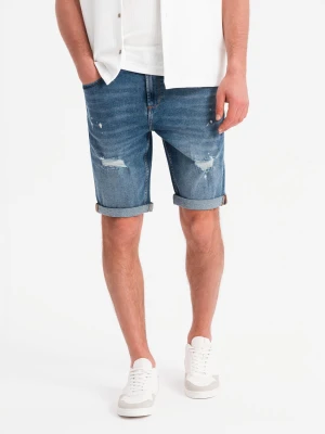 Krótkie męskie spodenki jeansowe z przetarciami i podwiniętą nogawką – niebieskie V2 Ombre Clothing