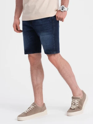 Krótkie spodenki męskie jeansowe z delikatnym washem – ciemnoniebieskie V3 Ombre Clothing