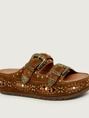 Kurt Geiger Klapki Western Buckle | zamsz brązowy