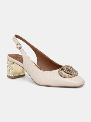 Kurt Geiger London czółenka skórzane Chelsea Block Slingback kolor beżowy na słupku z odkrytą piętą 3415024189