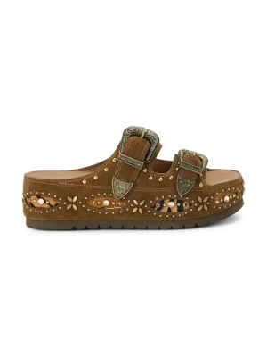 Kurt Geiger London klapki na platformie damskie zamszowe Western Buckle Flatform brązowy
