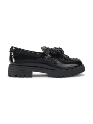 Kurt Geiger London mokasyny skórzane Bow Crystal Loafer damskie kolor czarny na płaskim obcasie 5388400109