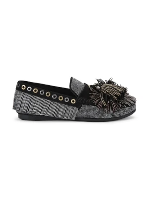 Kurt Geiger London mokasyny zamszowe Pom Pom Moccasin damskie kolor czarny na płaskim obcasie 4369500609