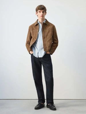 Kurtka 100% skóra zamszowa z kieszeniami koniakowy - Mężczyzna - - MANGO MAN