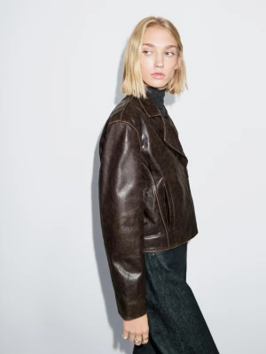 Kurtka Biker Ze Skóry Nappa - Brązowy - - Massimo Dutti - Kobieta