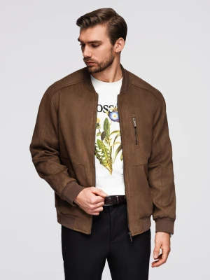 Kurtka bomberka męska z imitacji zamszu - brązowa V1 - Rozmiar: XXL Ombre Clothing
