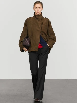 Kurtka Bomberka Ze Stójką, Skóra, Zamsz - Zielony - Massimo Dutti - Female