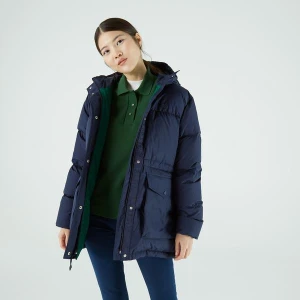 Lacoste Women?s Hooded Fitted Belted Colorblock Quilted Jacket